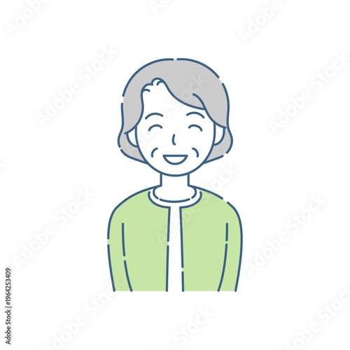 目も笑っているシニア女性の笑顔 シンプルイラスト グリーングレー配色