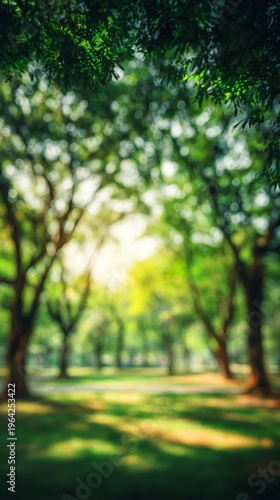 Blurred green park background with trees and bokeh effect, vertical photo