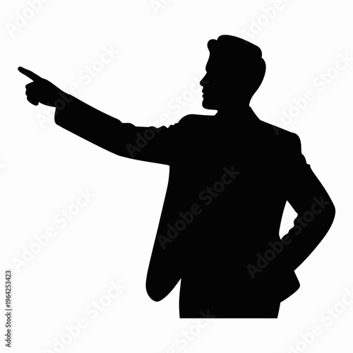 A person in a suit pointing to the left with an outstretched arm isolated on white background, Vector, illustration