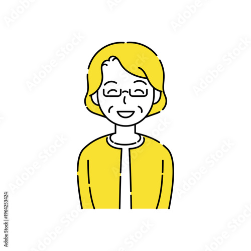 眼鏡をかけて目も笑うシニア女性の笑顔 シンプルイラスト 黄色アクセント