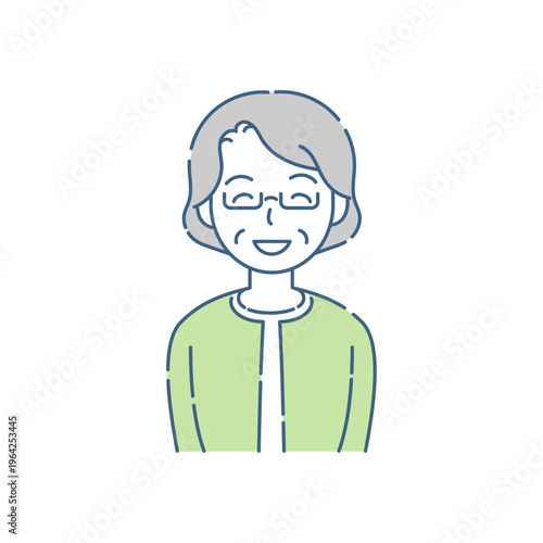 メガネをかけて目も笑うシニア女性の笑顔 シンプルイラスト グリーングレー配色