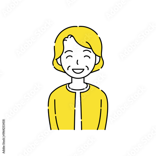 目も笑っているシニア女性の笑顔 シンプルイラスト 黄色アクセント