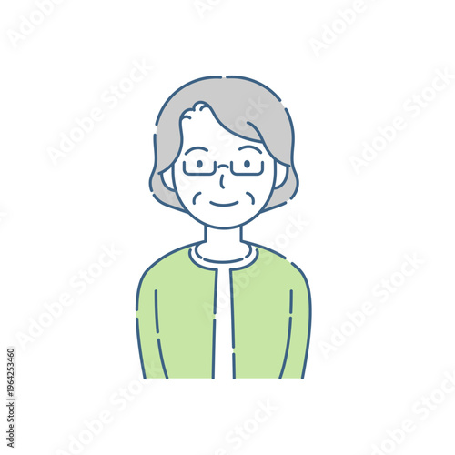 眼鏡をかけたシニア女性の笑顔 シンプルイラスト グリーングレー配色