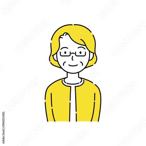 メガネをかけたシニア女性の笑顔 シンプルイラスト 黄色アクセント