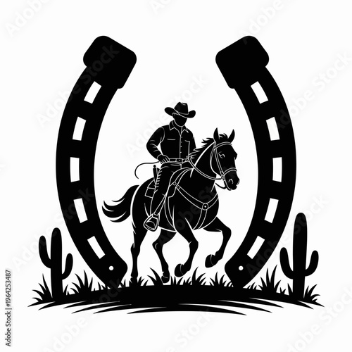 Bold silhouette of a cowboy riding a bucking bronco under a horseshoe isolated on white background, Vector, illustration