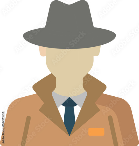 Detective character vector illustration wearing fedora hat and trench coat for mystery investigator or spy avatar concept