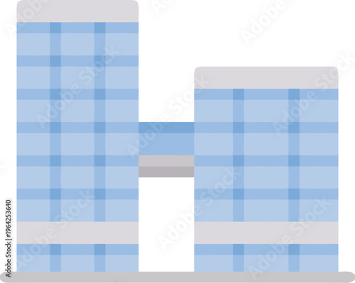 Twin skyscraper architectural design vector featuring blue glass panels and elevated walkway connecting two office towers