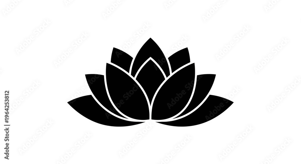 Obraz premium Minimalist Lotus Flower Black Silhouette Vector Icon Isolated on White Background