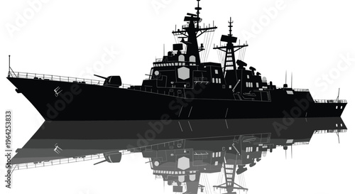 Naval warship silhouette, military ship, destroyer cruiser, radar masts, missile launchers, reflection on water, defense technology, combat vessel, black illustration artwork