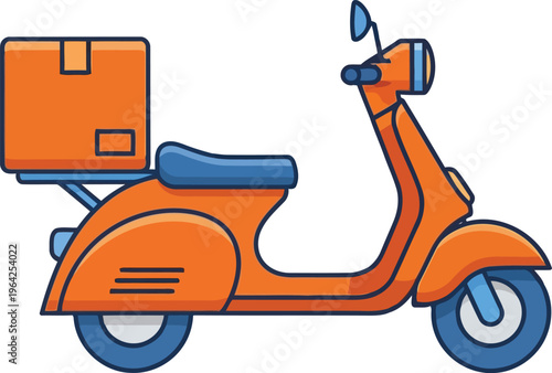 Orange scooter delivering package box on back for fast express delivery service for online shopping and ecommerce