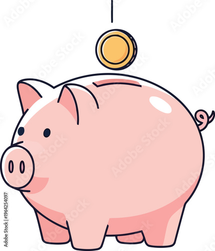 Piggy bank with gold coin falling in for saving money concept, financial investment and wealth accumulation illustration