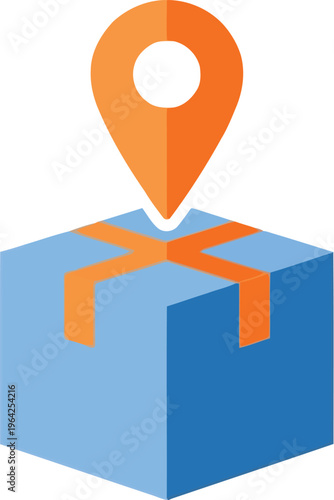 Blue gift box with orange ribbon and orange map pin on top, representing delivery location or package.