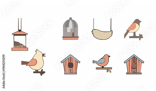 Minimal Bird Care Icons Feeder Cage Nest Perch Vector Set