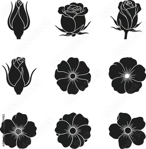 Black silhouette floral of roses and open flowers on white background bloom