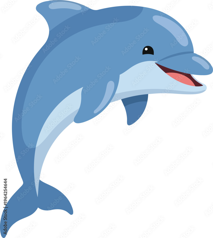 Obraz premium Happy blue dolphin leaping out of water, smiling with mouth open, isolated on white background, playful marine animal