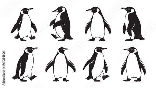 Set of eight penguin silhouette icons in different poses