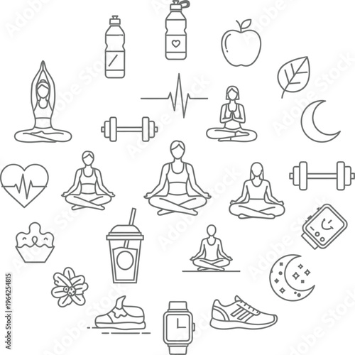 Collection of gray line representing health fitness and wellness