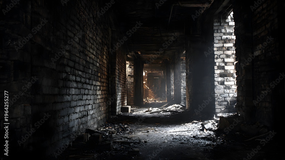 Fototapeta premium Blackened brick attic interior, rafters charred almost to dust, floor invisible under soot and splintered beams, shaft of light from broken gable