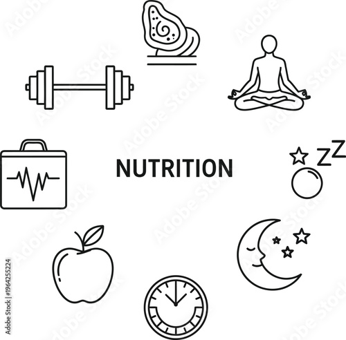 Health and wellness arranged around the word nutrition including apple dumbbell meditation sleep clock and heartbeat
