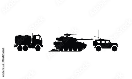 Military convoy with fuel truck and heavy tank vector silhouette illustration in line art