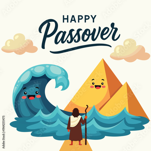 Happy Passover Illustration with Moses and Parted Red Sea