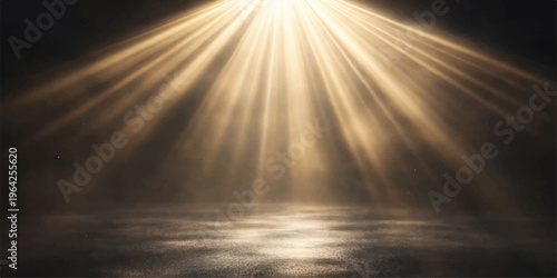 Bright summer sun rays burst through blue sky clouds to create a glowing nature backdrop with light rays on the wall