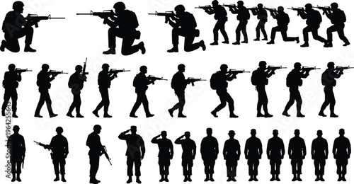 Soldier silhouettes, military poses, rifle aiming, saluting stance, walking with backpack, combat readiness, defense artwork, war concept, black illustration design