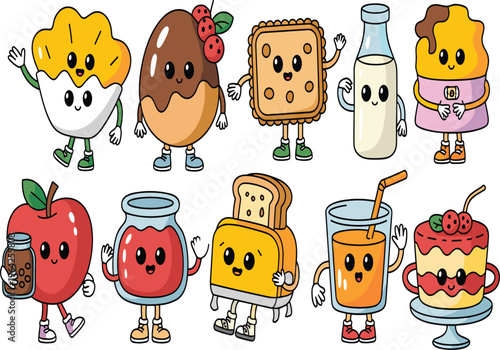 Cute breakfast characters vector set, kawaii food mascots with bread, milk, juice, and jam, on white