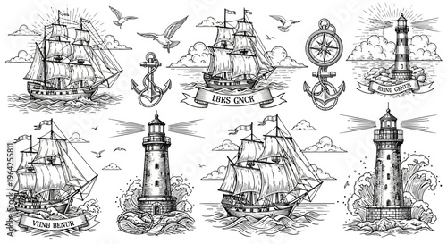 Vintage Nautical Engravings Set Featuring Sailing Ships Lighthouses Anchors Compasses and Maritime Navigation Elements in Antique Woodcut Style