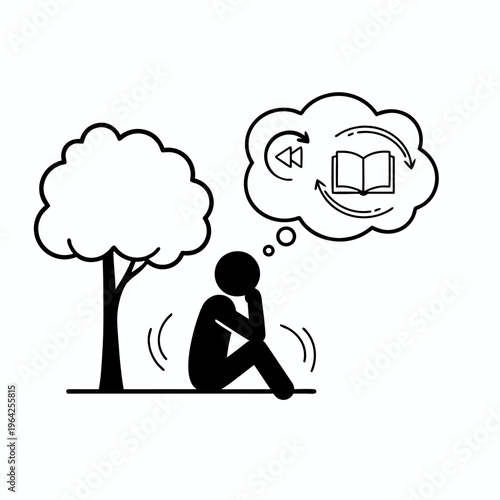 Pictogram of Pensive Person Sitting under Tree Thinking about Rewinding Life History through Book Icon