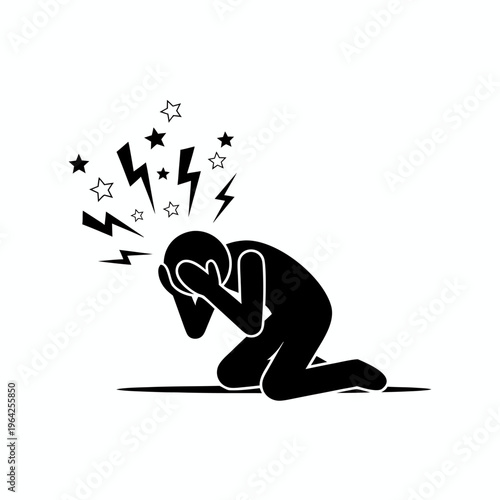 Pictogram of Person Kneeling and Holding Head in Deep Distress with Lightning and Stars Symbols