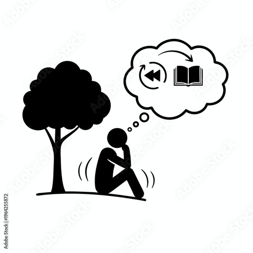 Pictogram of Pensive Figure Sitting under Tree Thinking about Rewinding Life Story with Book Symbol