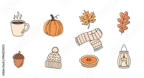 Cozy Autumn Seasonal Elements Hand Drawn Set Featuring Pumpkin Maple Leaves Hot Beverage Scarf And Warm Knitwear Flat Vector Illustration Collection