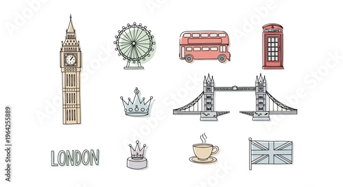 Minimalist hand drawn London landmarks set with pastel colors England travel icons skyline architecture