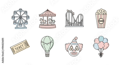 Amusement Park Fun Icons Set Hand Drawn Pastel Outline Style for Carnival Fairground Festivals and Entertainment Design