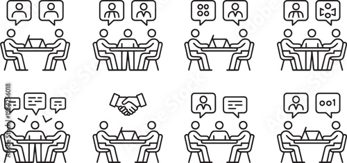 Business meeting icons featuring people collaborating and communicating
