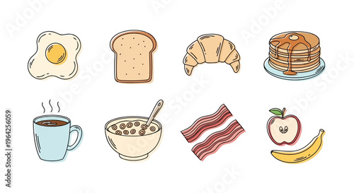 Flat breakfast food icons set vector illustration featuring coffee toast eggs pancake croissant and fruit collection isolated on white background