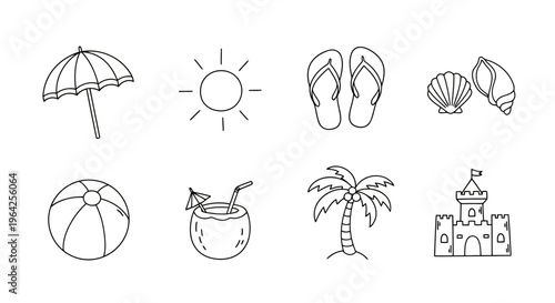 Summer Beach Vacation Hand Drawn Outline Icons Set Tropical Travel Holiday Elements Collection