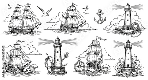 Monochrome Vintage Engraving Nautical Elements Set Ships Lighthouses Anchors Compasses and Mariner Navigation Icons
