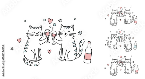 Happy Doodle Cats Toasting Wine Glasses with Hearts Illustration