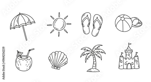 Hand drawn summer beach doodles vector set with tropical vacation elements and nautical travel symbols