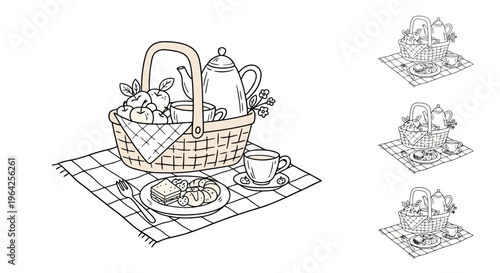 Hand drawn outline picnic scene with wicker basket filled with fresh fruit tea and pastries on checkered plaid blanket