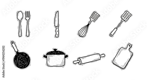 Hand drawn kitchen utensils cooking tools and cookware doodle set vector illustration