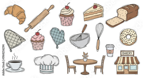 Hand drawn bakery cafe doodle collection bread pastry coffee croissant sweets set sketch culinary illustration