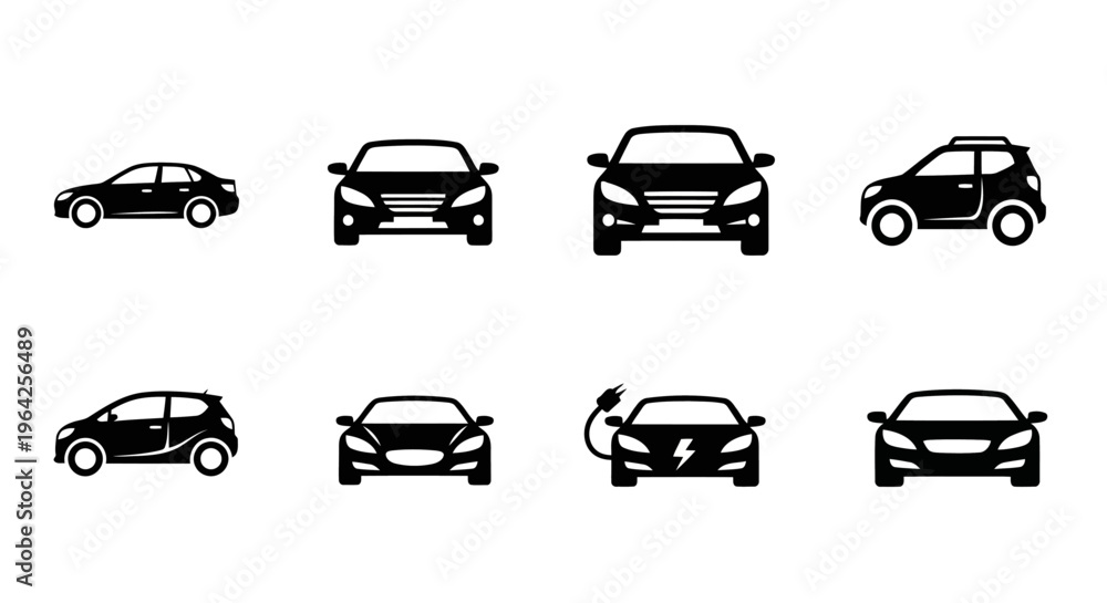 Obraz premium Black and White Vector Car Icons Simple Silhouettes of Various Vehicle Types Including Electric Vehicles and Transport Symbols Set