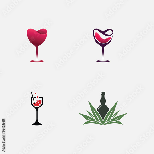 Set of wine glass and bottle with agave leaf logo for drink brand