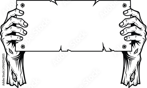 Zombie skeletal hands holding wooden sign illustration, horror Halloween design, creepy decayed bones with blank plank board, spooky scary icon for poster