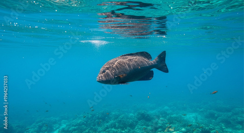 Large Fish Swimming Underwater Ocean.