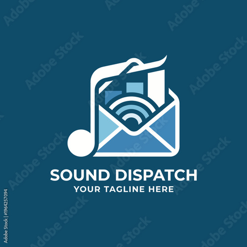 This digital illustration features a modern envelope design with sound waves and a musical note, perfect for representing audio dispatch services or messaging.