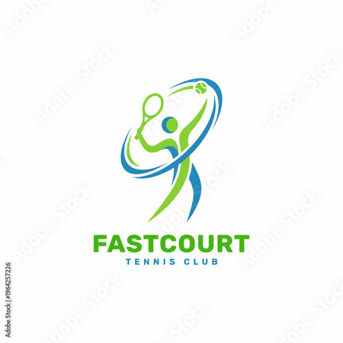 A dynamic logo for a tennis club features a player in action, showcasing athleticism and energy, designed to convey excitement and participation in a vibrant sports community.